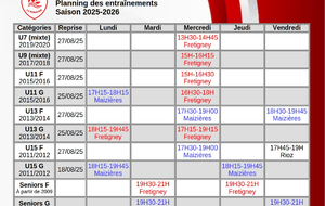 📅 Planning des entraînements – Saison 2025-2026 ⚽