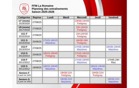 📅 Planning des entraînements – Saison 2025-2026 ⚽